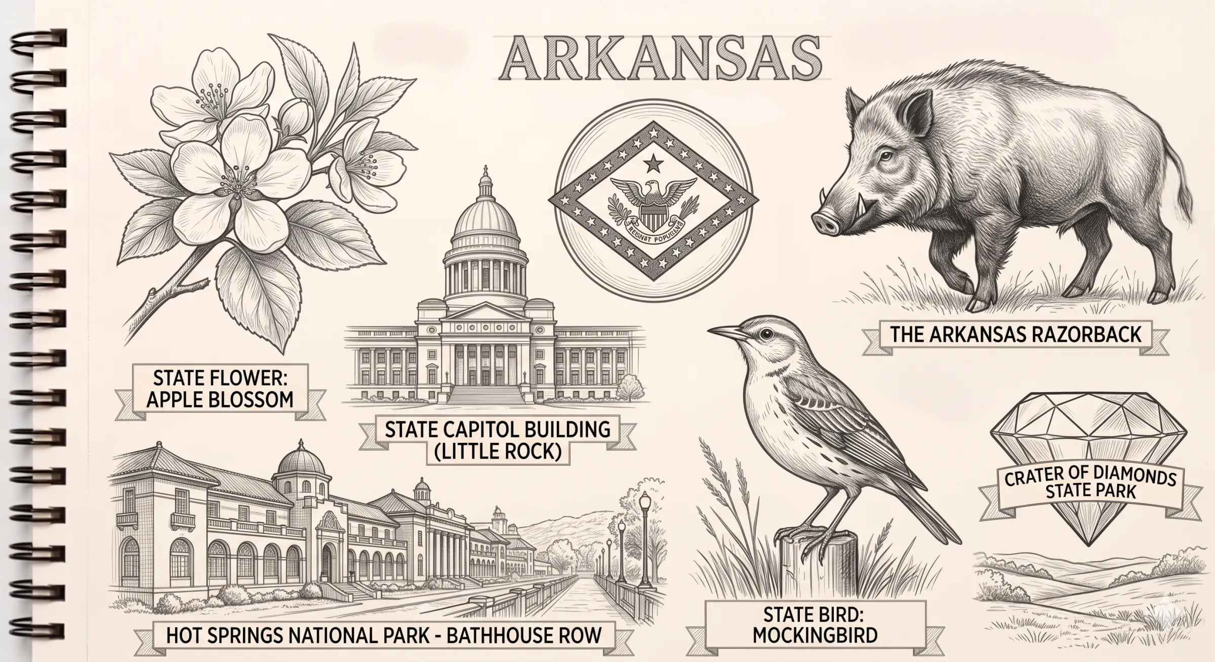 Arkansas landmarks pencil sketch: State Capitol in Little Rock, apple blossoms, mockingbird, Hot Springs Bathhouse Row and the state flag