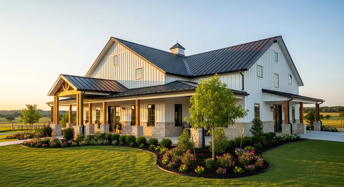 Beautiful barndominium exterior with board-and-batten siding, covered porch, and landscaping