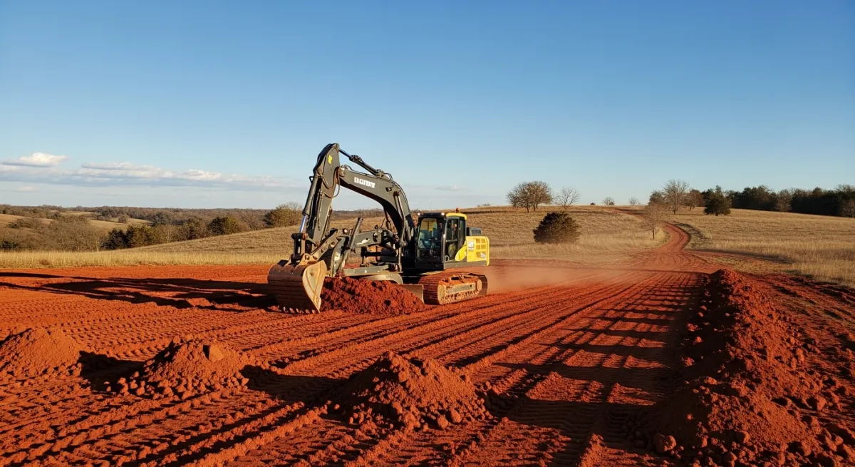 Excavator grading rural land for barndominium foundation