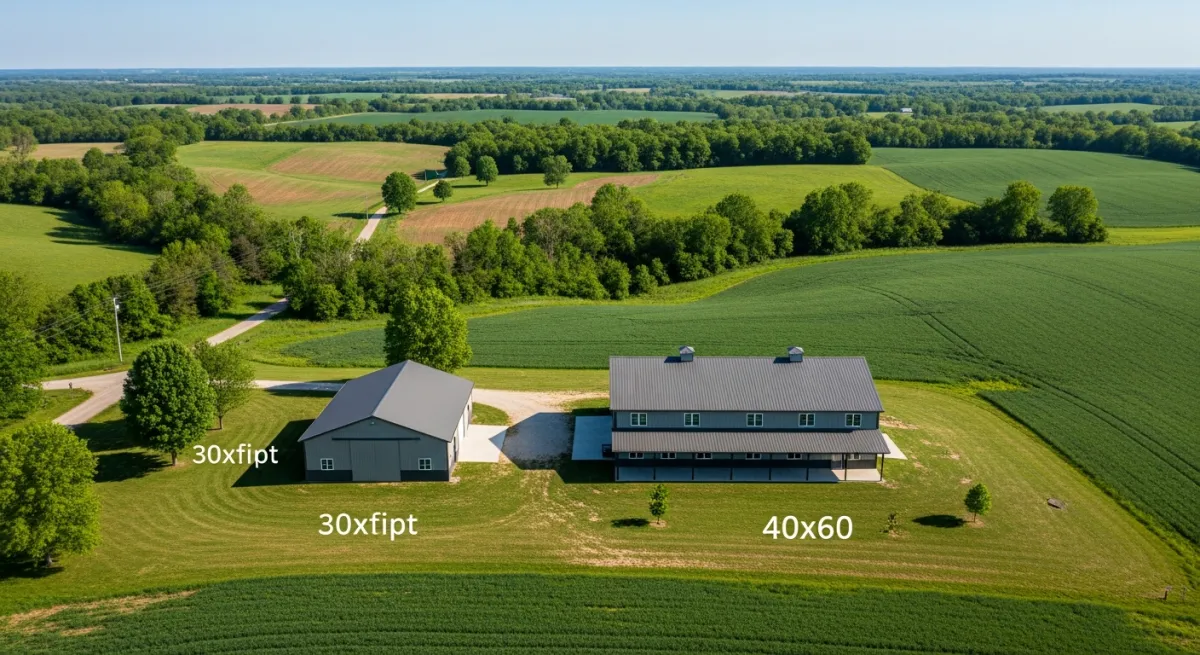 Aerial comparison of barndominium sizes on rural farmland