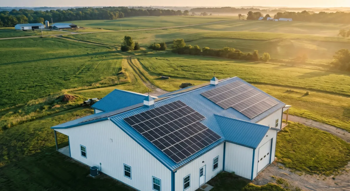 Solar panels mounted on a metal barndominium roof in a rural Missouri setting