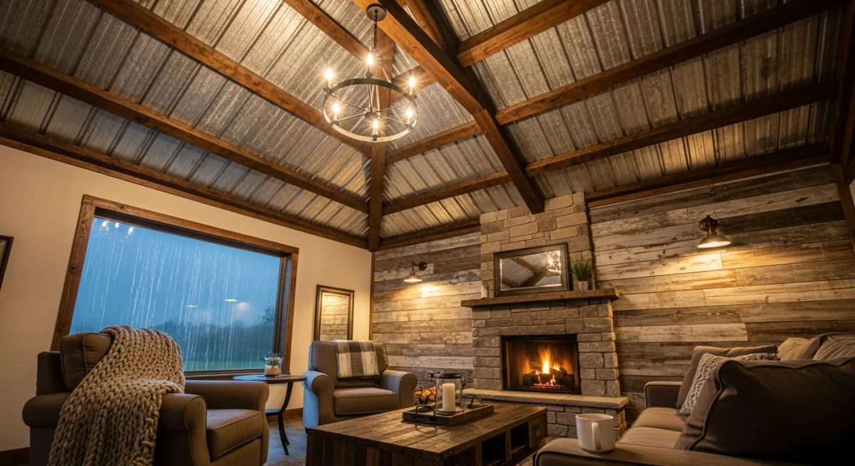 Cozy barndominium interior with metal roof during rain