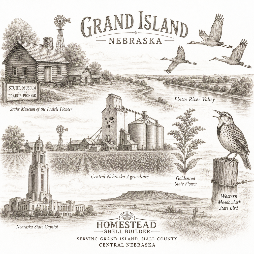 Grand Island pencil sketch: Stuhr Museum, sandhill cranes over the Platte River and a grain elevator