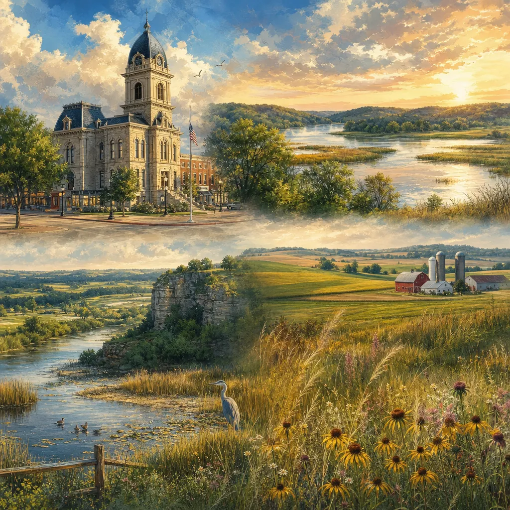 Harrison County, Missouri — illustrated county hero for DreamStart Building Company homestead shell builders
