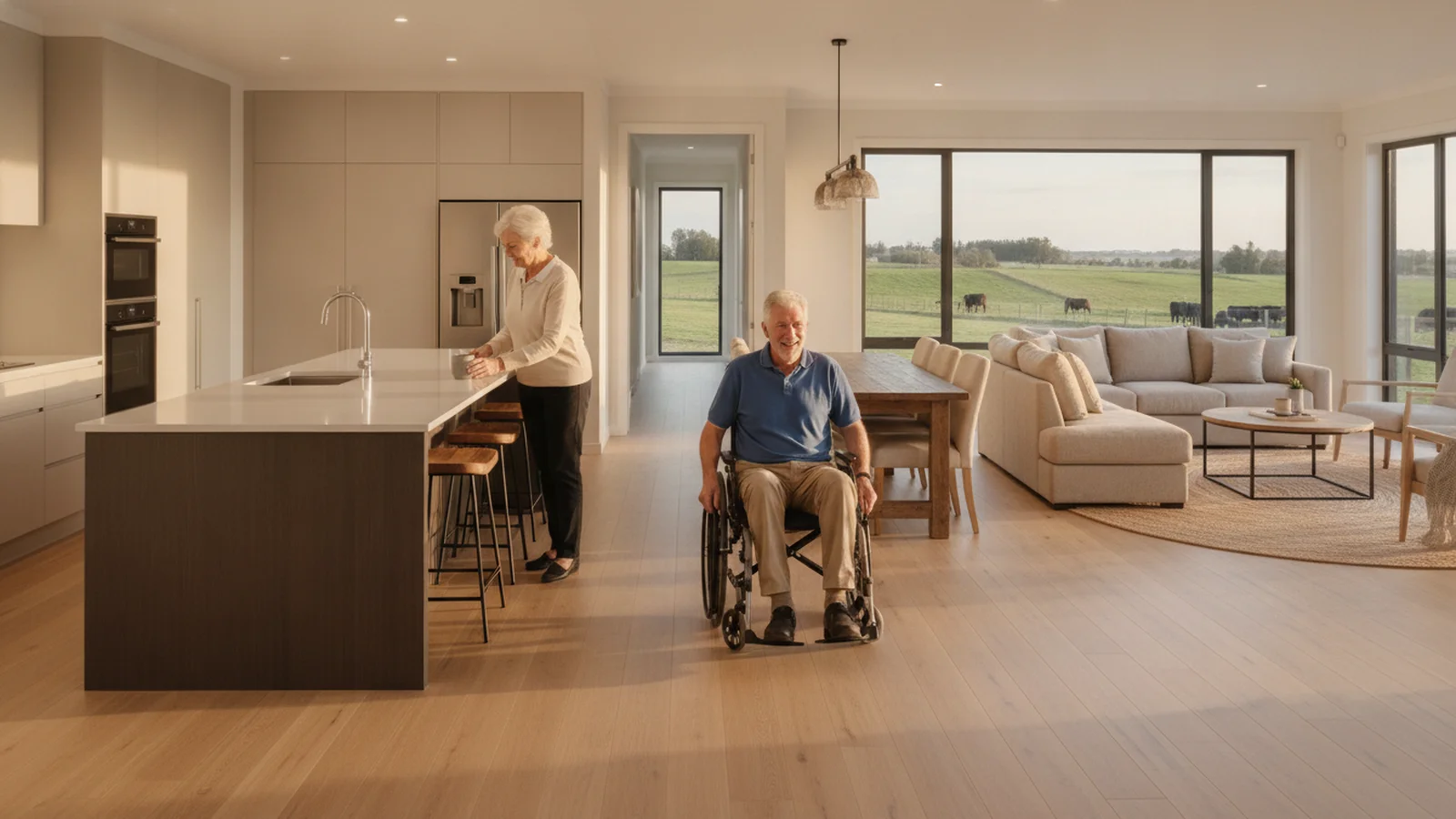 A wheelchair moves easily past the kitchen island on a level floor in an open single-level great room