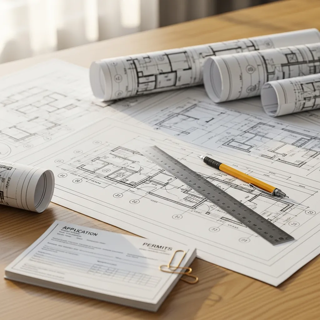 Architectural blueprints and engineering drawings on a desk