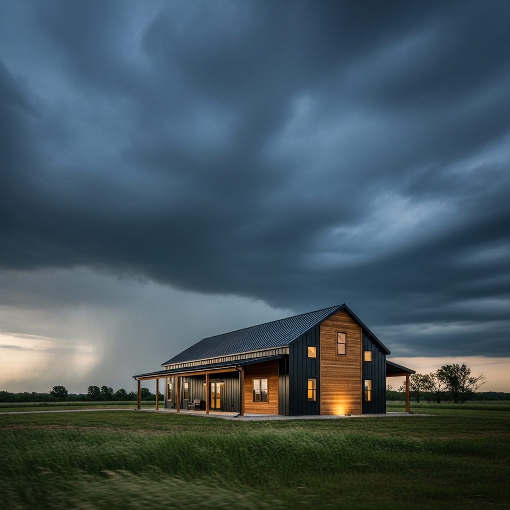 DreamStart SIP barndominium standing in stormy Missouri weather demonstrating structural safety