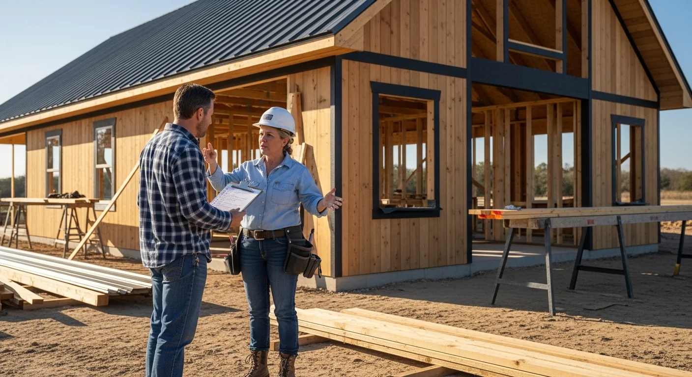 Homeowner interviewing barndominium builder at job site with clipboard
