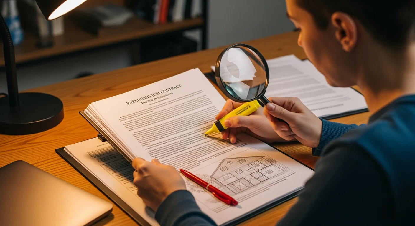 Person carefully reviewing barndominium construction contract with highlighter
