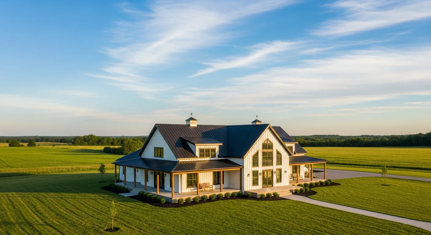Beautiful modern barndominium with dark metal roof and wrap-around porch on a rural Missouri property