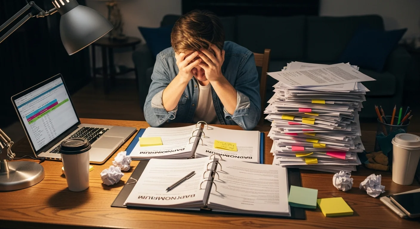 Person overwhelmed by barndominium research documents — decision fatigue