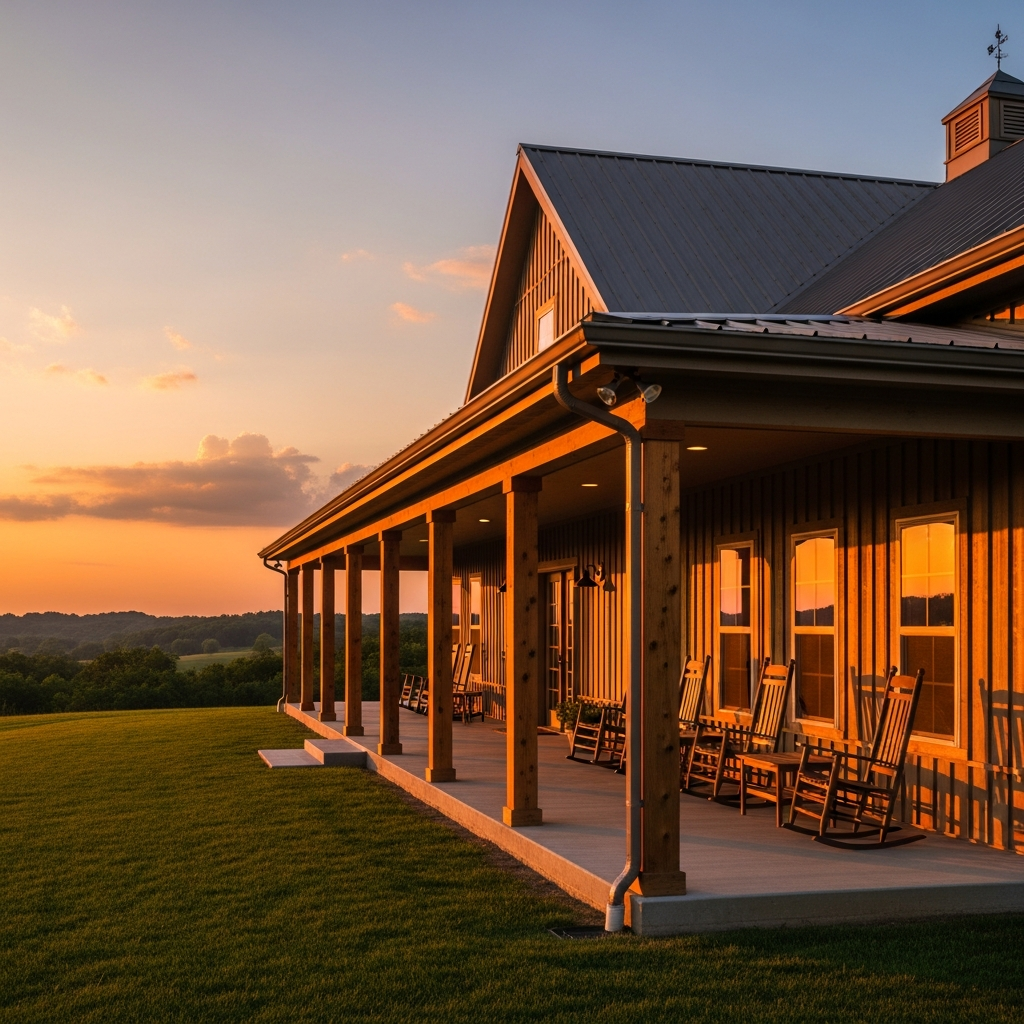 Barndominium with beautiful wrap-around porch on Missouri farmland, golden hour lighting