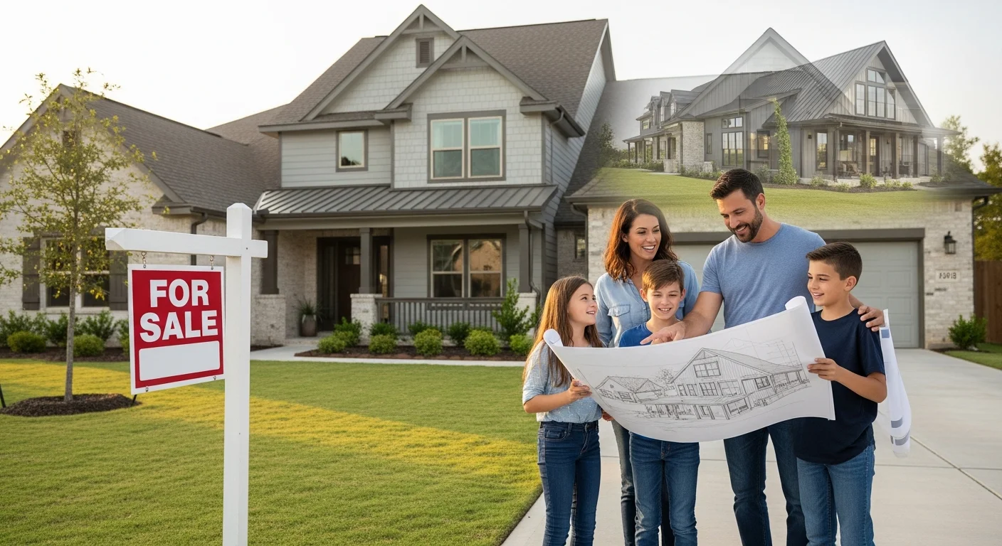 Family with For Sale sign reviewing barndominium plans