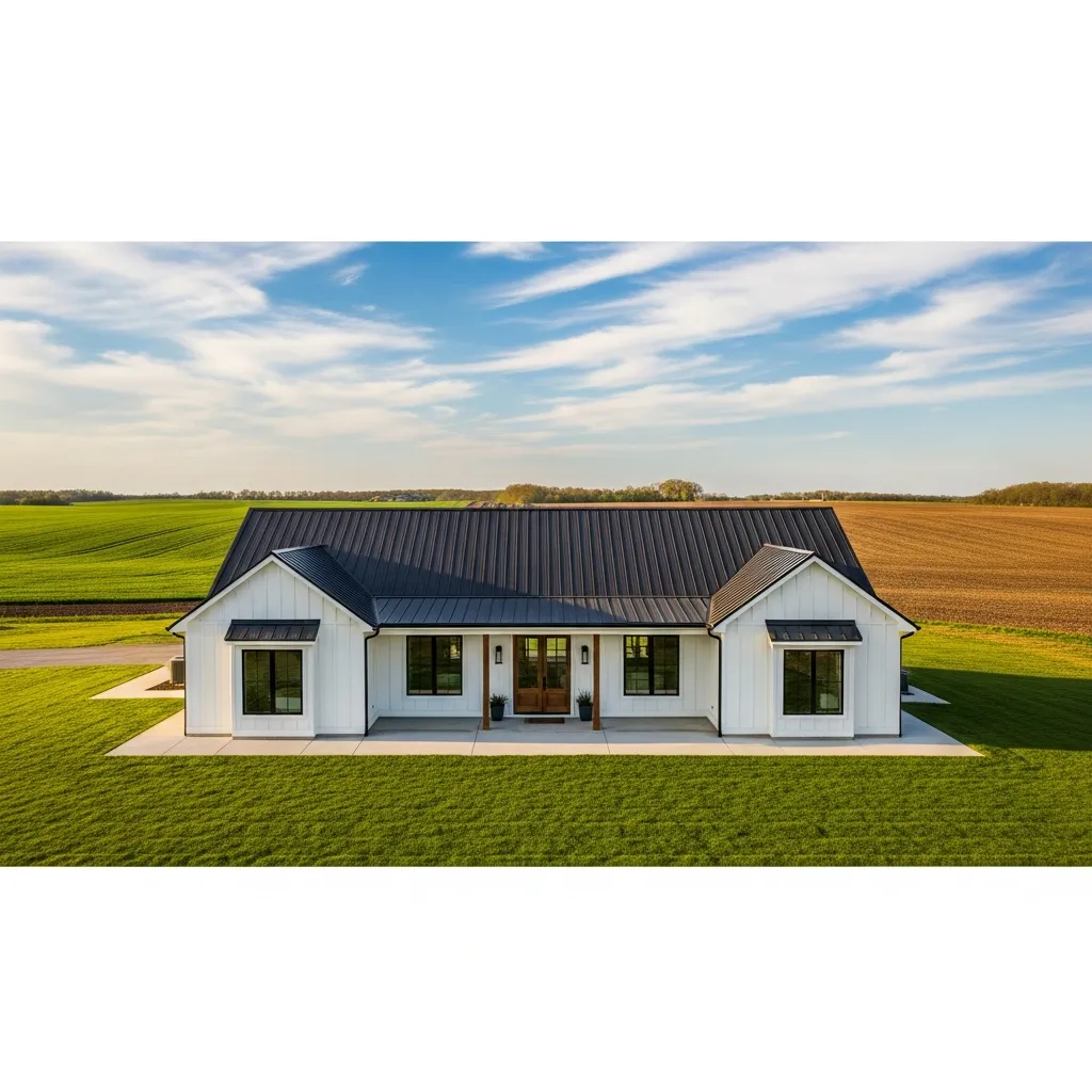 Completed single-story modern farmhouse with dark metal roof sitting on a concrete slab in rural Missouri farmland — simple rectangular footprint, clean roofline, green lawn and blue sky