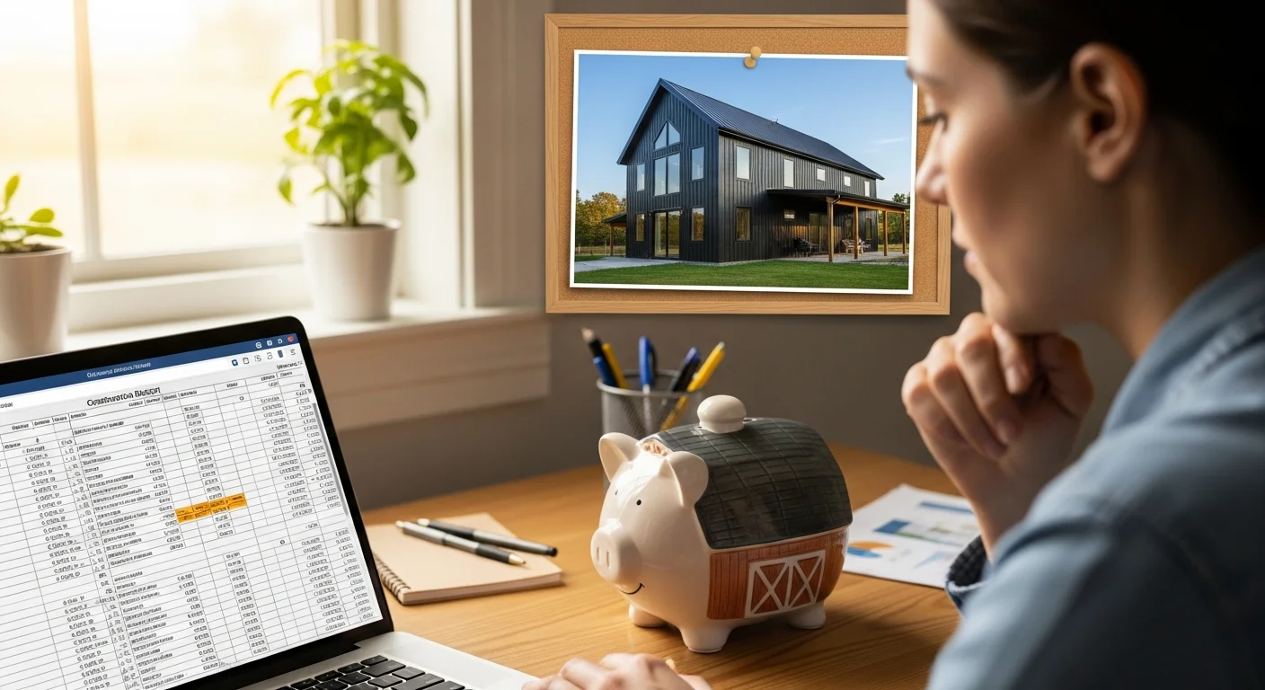 Person reviewing barndominium budget and savings plan