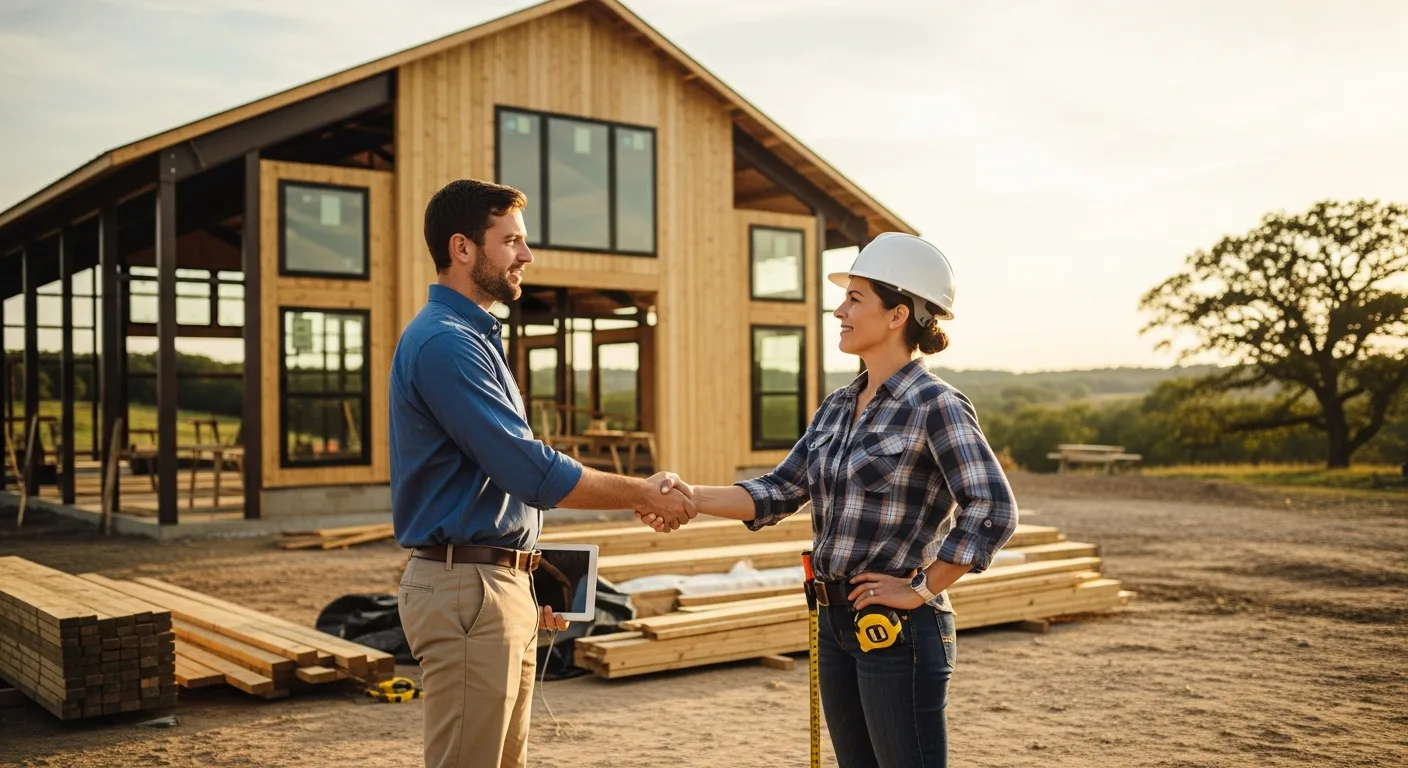 Referral partnership — two professionals shaking hands in front of a homestead shell build