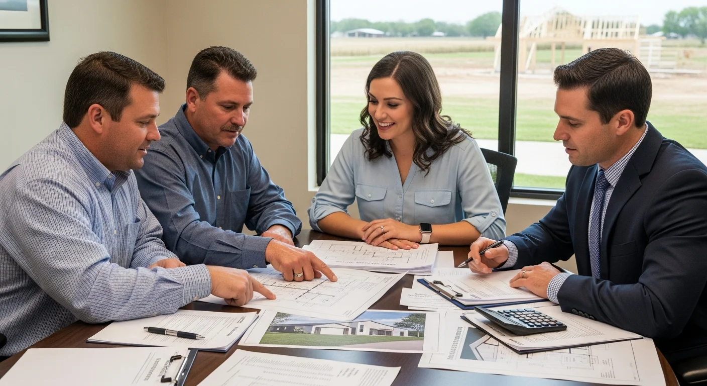 Builder, banker, and homeowner reviewing construction loan documents together