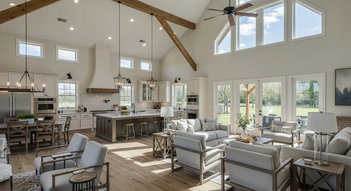Wide open barndominium interior with clear-span construction