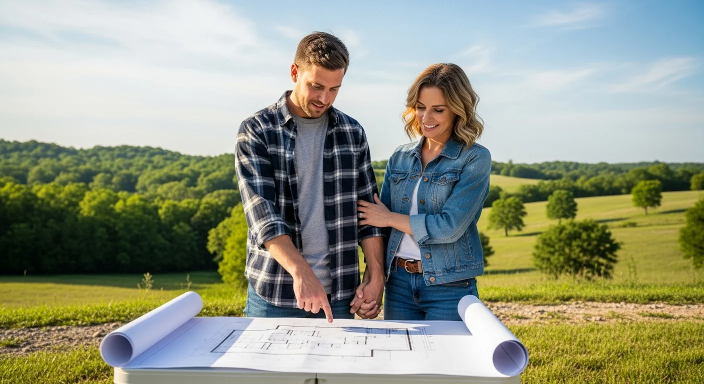 Happy couple reviewing barndominium plans together on their land