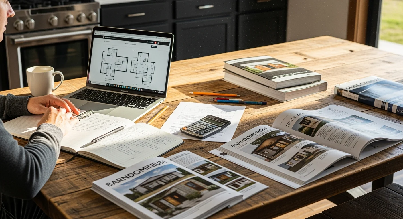 Person researching barndominium options at kitchen table