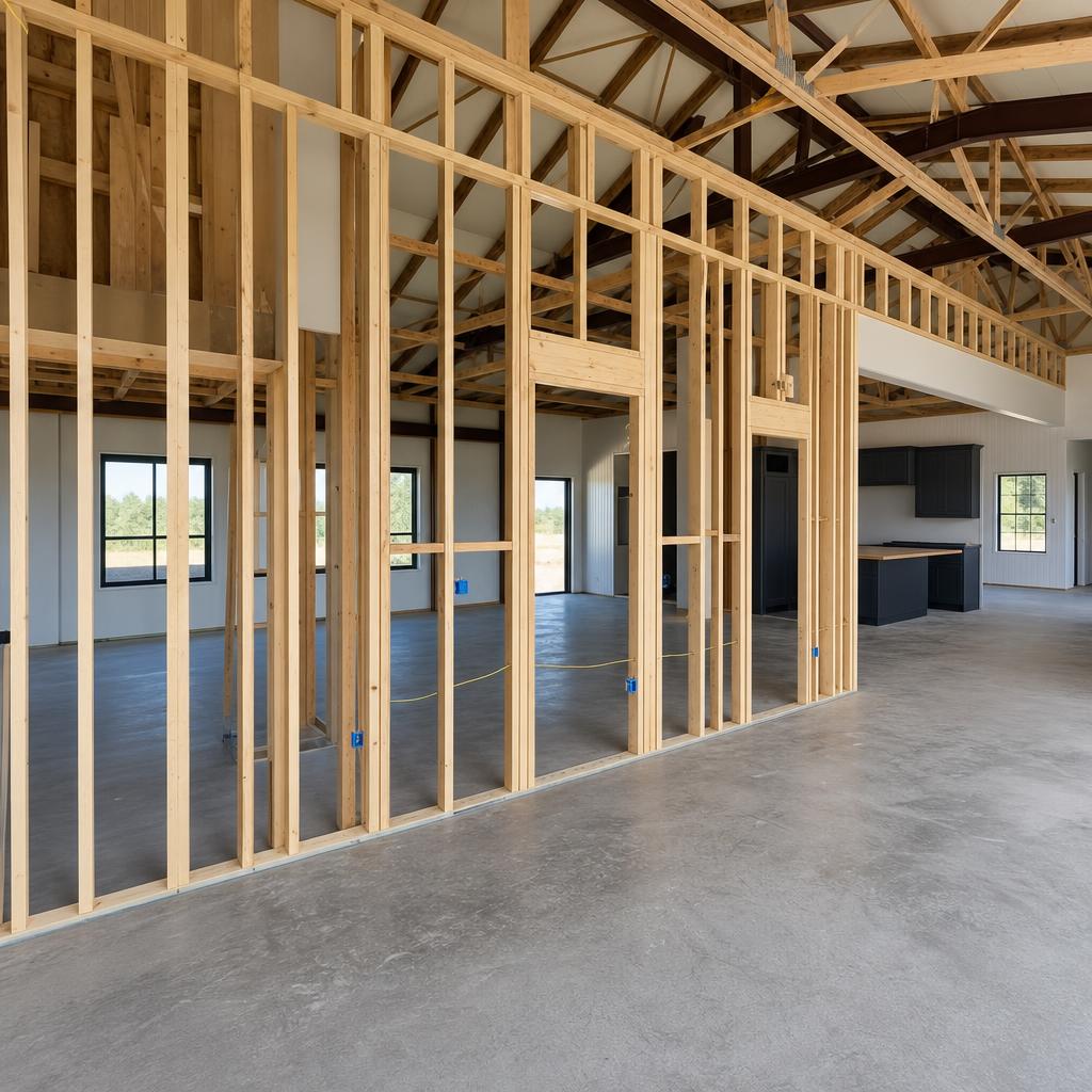 Interior partition wall framing in a barndominium