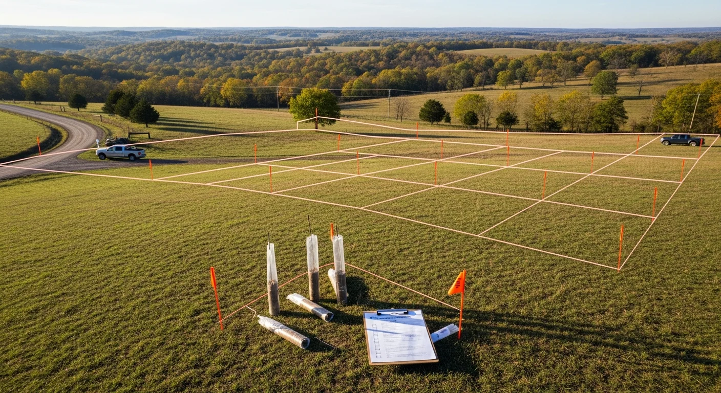 Aerial view of Missouri land parcel with survey flags and due diligence checklist