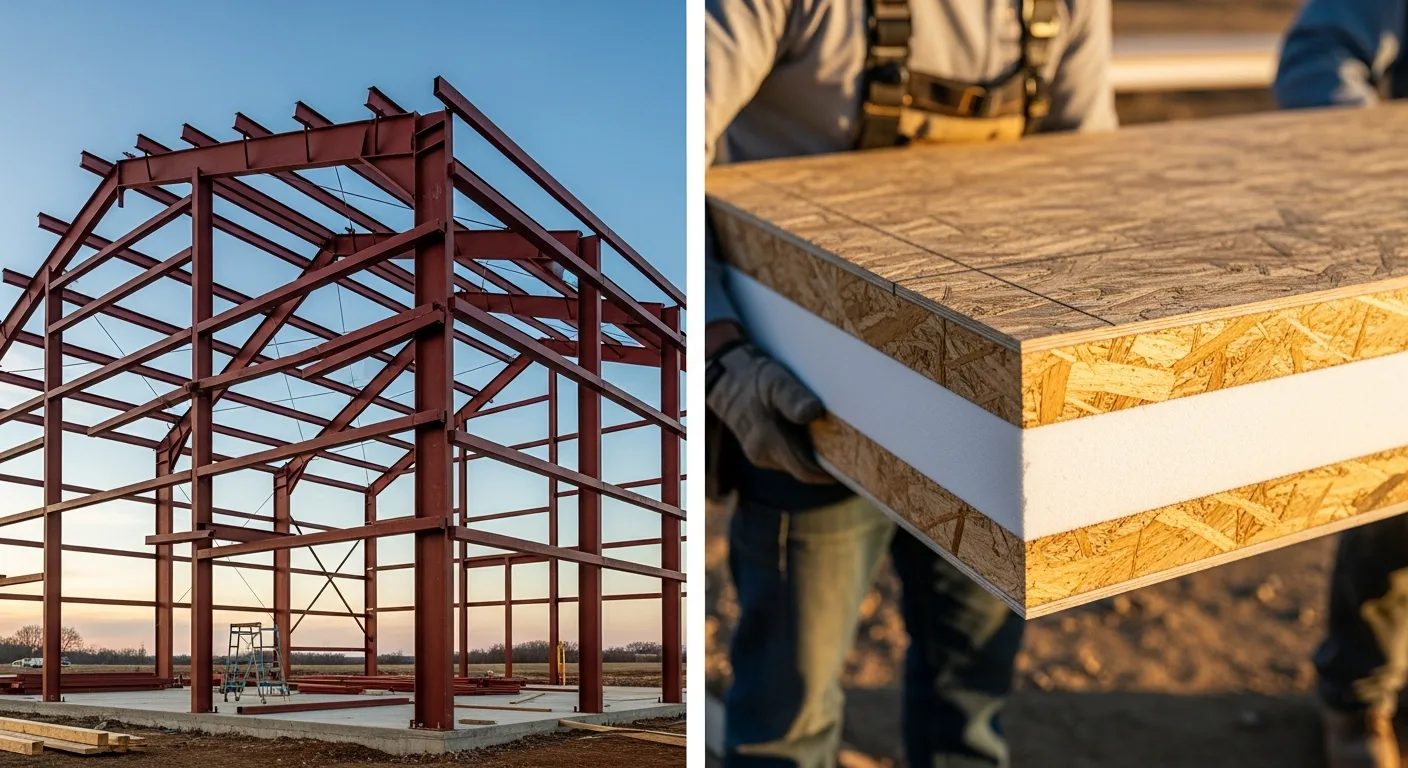 Side-by-side cross-section comparison of red iron steel skeleton framing versus SIP structural insulated panel construction layers