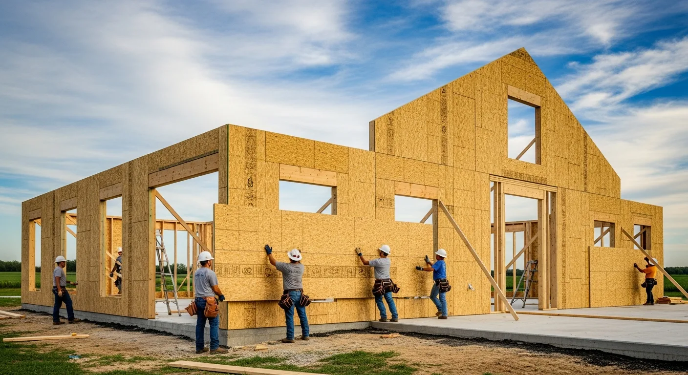 Construction crew setting SIP structural insulated panels on a Homestead Shell frame in rural Missouri