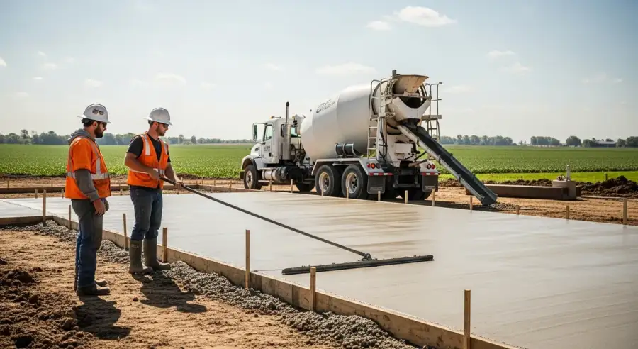 Concrete slab foundation being poured and finished on a rural Missouri building site
