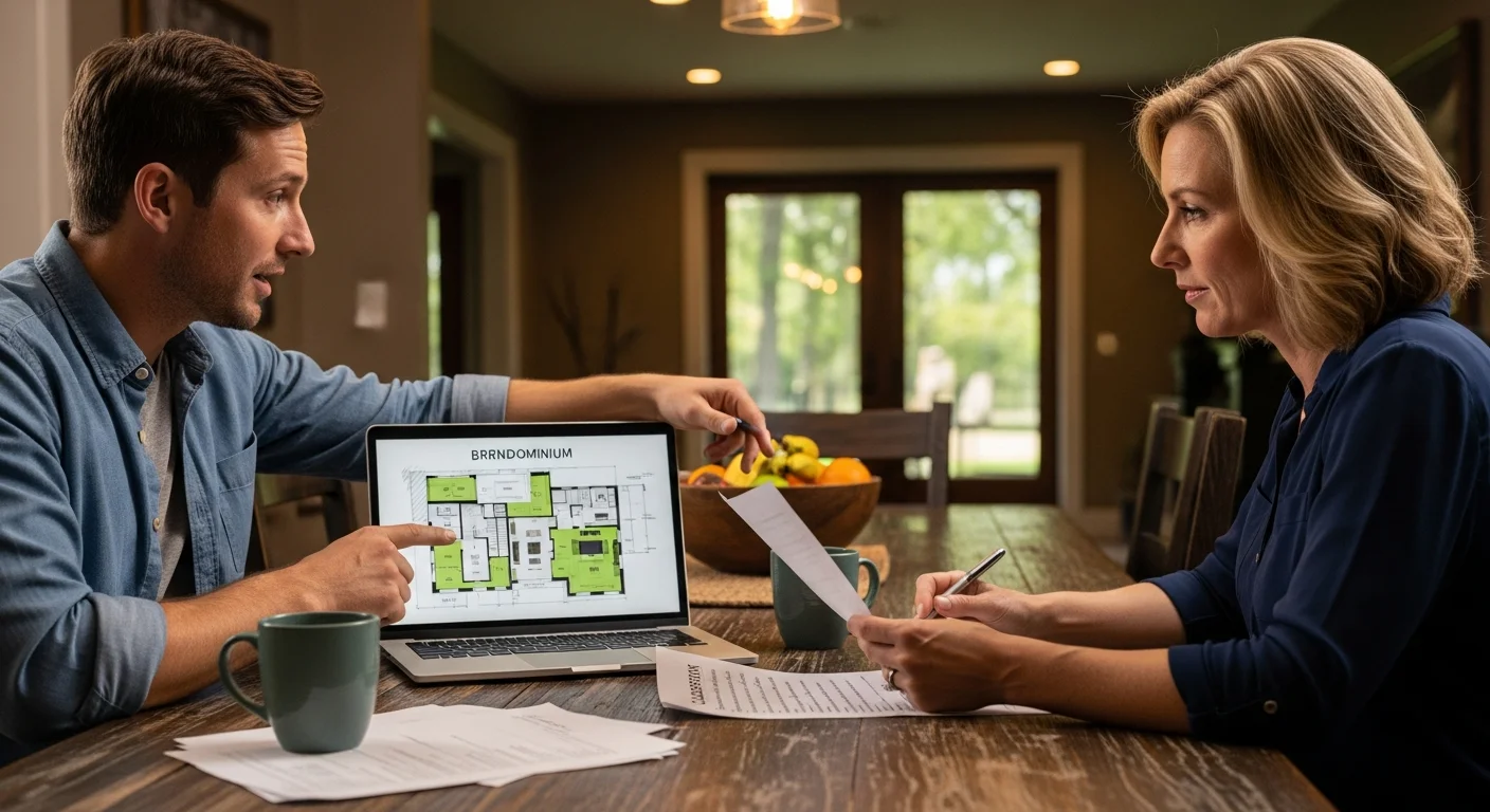 Couple discussing barndominium plans at dining table