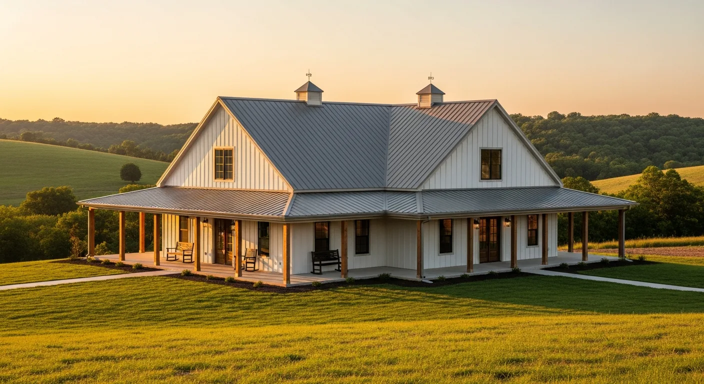 Modern farmhouse with a metal roof illustrating a rural Missouri Homestead Shell project