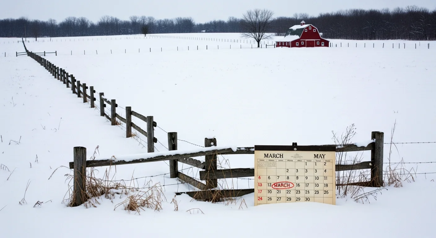 Snow-covered Missouri farmland in winter — concept of seasonal build timing