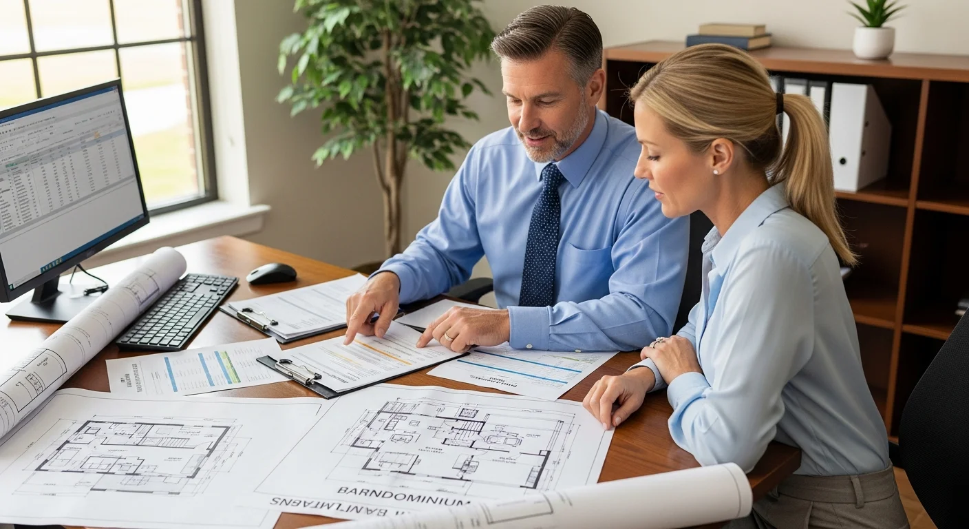 Bank loan officer reviewing barndominium construction loan documents