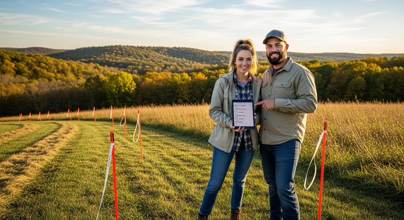 Couple reviewing barndominium checklist on their land parcel