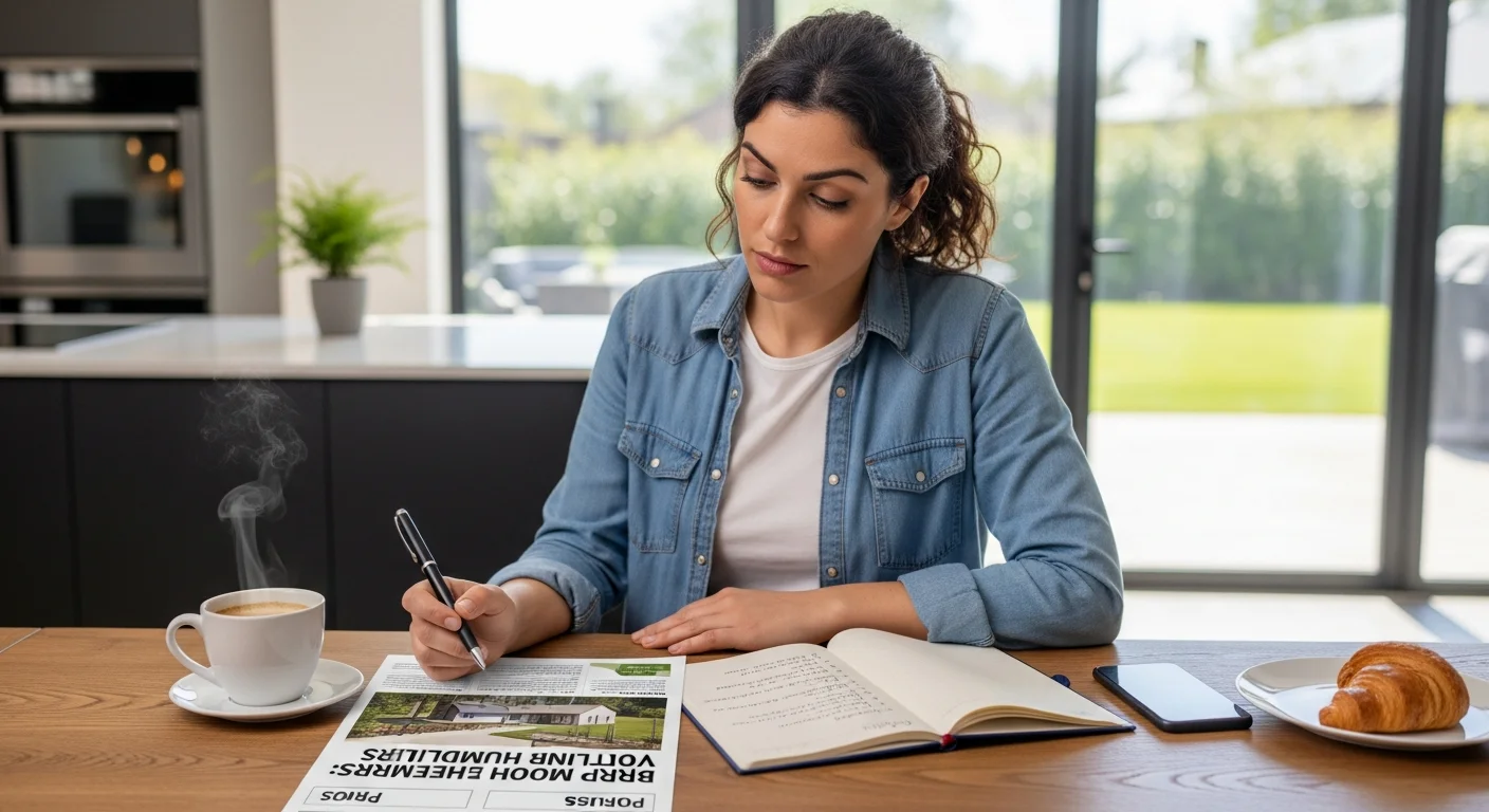 Partner thoughtfully reviewing barndominium pros and cons at kitchen table