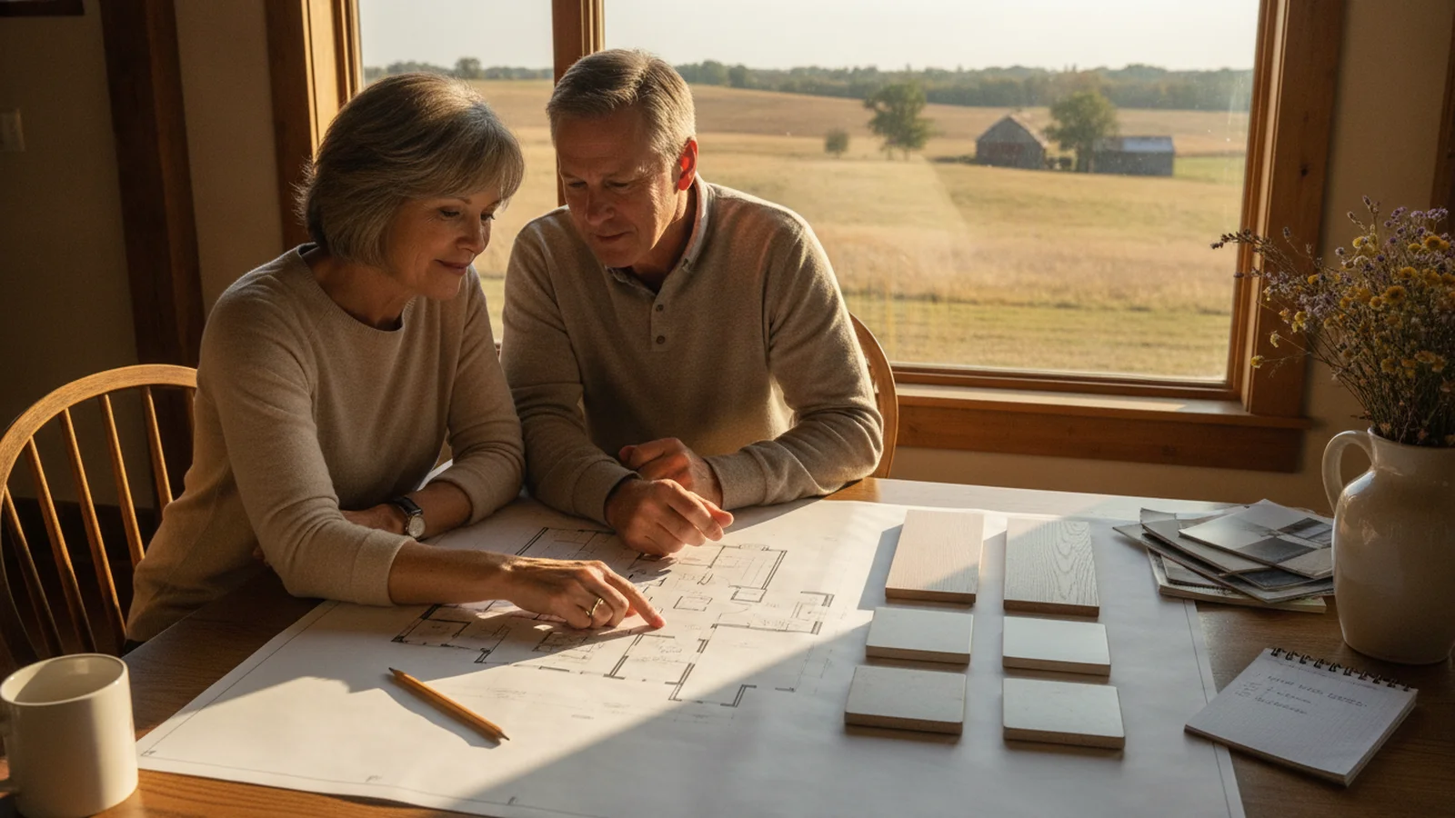 A couple at a farmhouse kitchen table reviewing one printed single-story floor plan, with three flooring and three countertop samples lined up beside it and extra brochures pushed aside