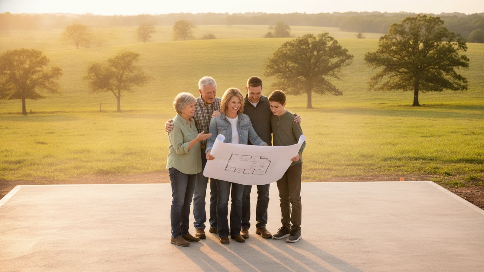 People look over a floor plan together on a new concrete slab on rural Missouri land