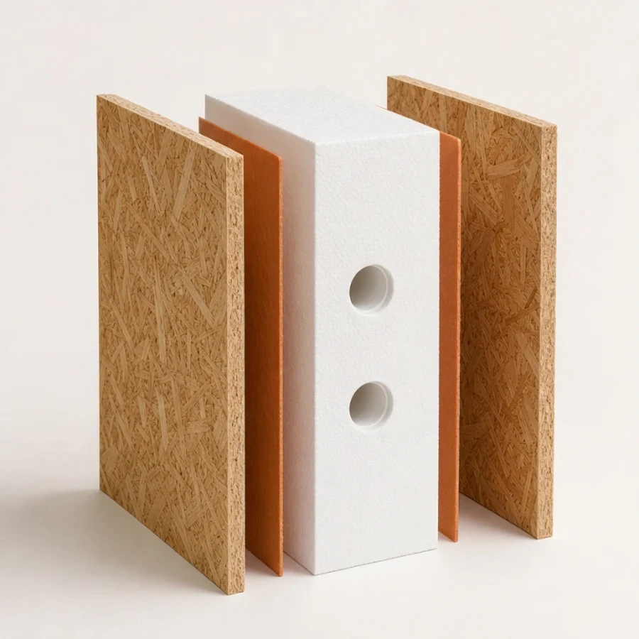 Realistic exploded cutaway of a Solid-Core SIP panel with OSB structural facings, contrasting adhesive layers, a thick white EPS foam core, and two horizontal internal electrical conduit openings positioned 16 and 42 inches from the bottom of the panel