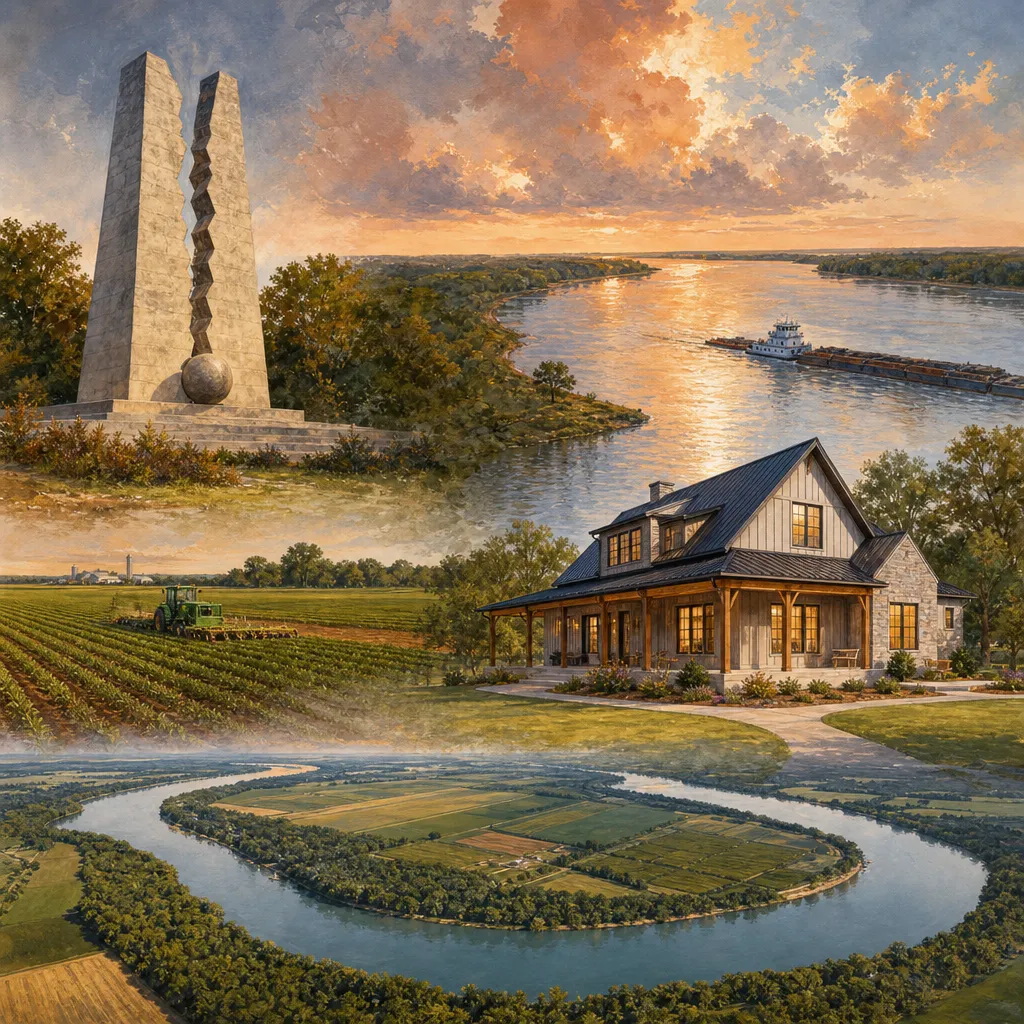 New Madrid County, Missouri — illustrated county hero for DreamStart Building Company homestead shell builders