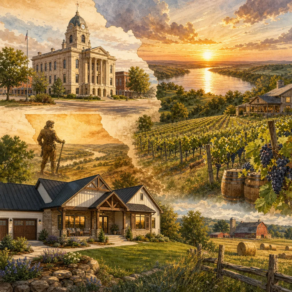 Warren County, Missouri — illustrated county hero for DreamStart Building Company homestead shell builders
