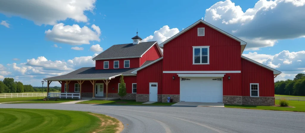 A stunning, two-story custom "Shouse" by DreamStart Building Company featuring classic red board-and-batten siding and a grey gabled roof with a decorative cupola. The design combines a spacious residential wing with a large integrated workshop.