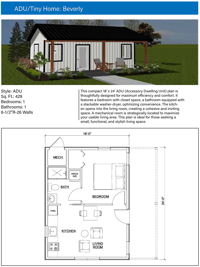 ADU and Tiny Home "Beverly" floor plan and 3D exterior render, showing a 429 sq. ft. 1-bedroom layout with modern white siding and a black metal roof.