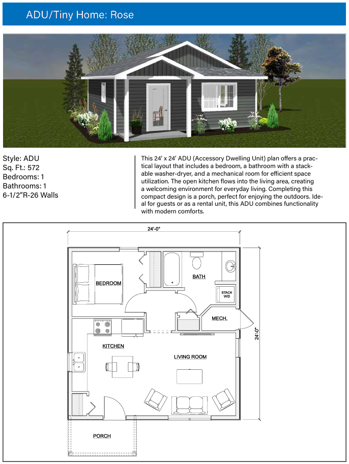 ADU and Tiny Home "Rose" plan featuring a 572 sq. ft. 1-bedroom layout, 3D exterior render with grey siding, and a detailed 2D architectural floor plan.