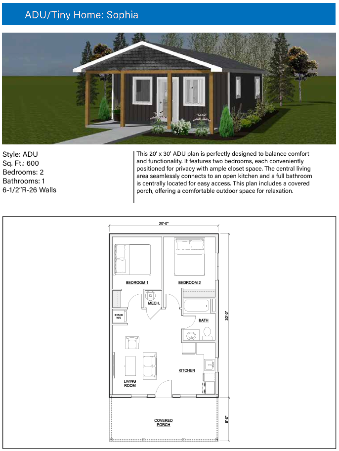 ADU and Tiny Home "Sophia" design featuring a 600 sq. ft. 2-bedroom floor plan, 3D exterior render with dark siding and a covered porch, and architectural layout details.
