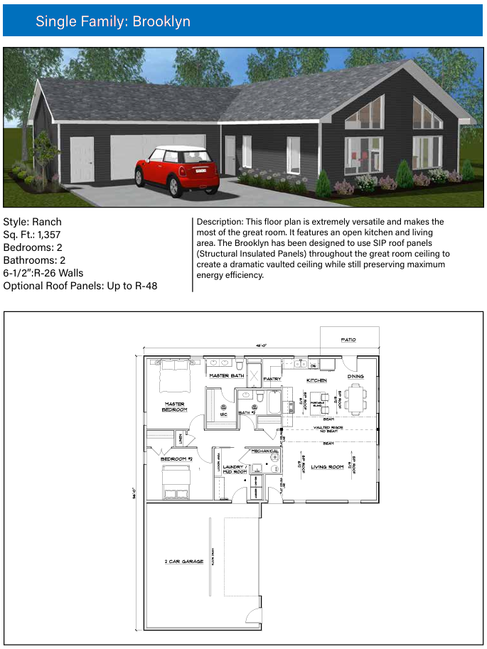 "Brooklyn" Single Family ranch-style home plan featuring a 1,357 sq. ft. 2-bedroom layout, 3D exterior render with a red car in the driveway, and a detailed 2D architectural floor plan.