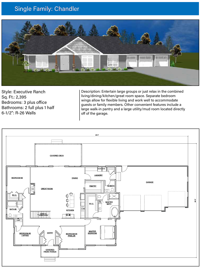 A detailed design sheet for "The Chandler," a spacious single-story executive ranch. The graphic includes a colored exterior visualization, a list of structural details, and a comprehensive interior floor layout.