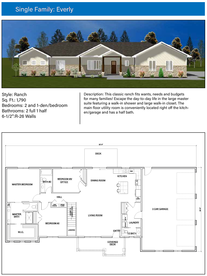 An architectural specification sheet for a single-story ranch-style house named "Everly." The image features a 3D exterior rendering at the top and a detailed 2D floor plan at the bottom.