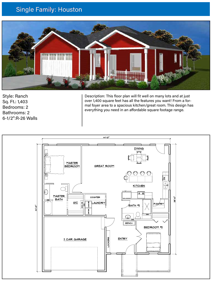 "Brooklyn" Single Family ranch home design with a 1,357 sq. ft. 2-bedroom floor plan, featuring a modern grey exterior and a detailed architectural layout.