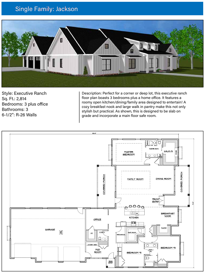 A detailed architectural concept for the "Jackson," a spacious single-story executive ranch. The design features a modern farmhouse exterior rendering, technical home specifications, and a detailed floor plan layout.