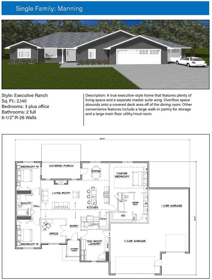 This image provides comprehensive overview of the "Manning" home plan, featuring a modern exterior rendering, key structural specifications, and a detailed interior floor layout.